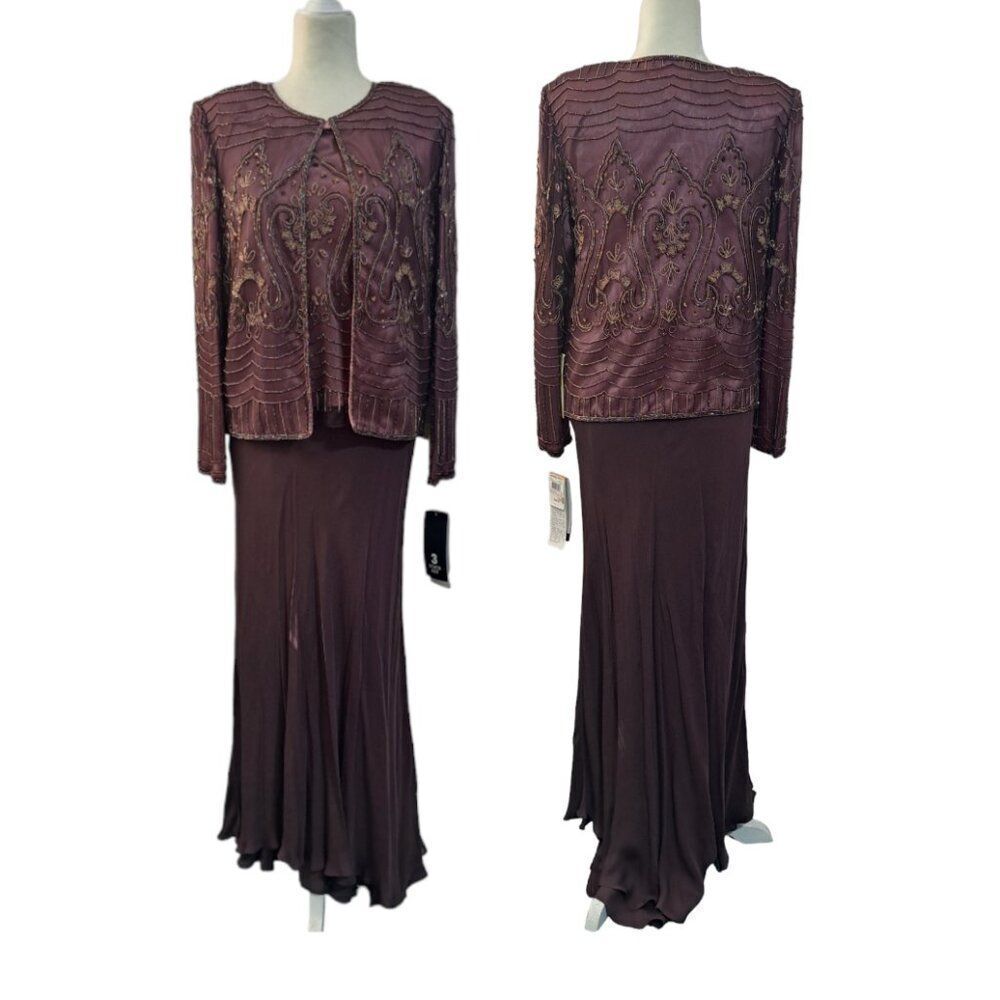 Adrianna Papell 3 Pc Set Silk Embellish Top Skirt Jacket Wedding Party Plum Sz10